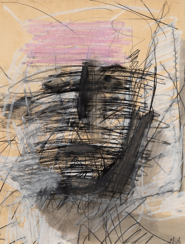 Mary Abbott (Am. 1921-2019), Untitled (Self Portrait), c. 1955, Mixed media on paper, framed under: Mary Abbott (Am. 1921-2019) Untitled (Self Portrait), c. 1955 Mixed media on paper, framed under glass Initialed l.r., McCormick Gallery Label on backing 26" x 19 5/8" actual, 30 1/4" x 24 1/