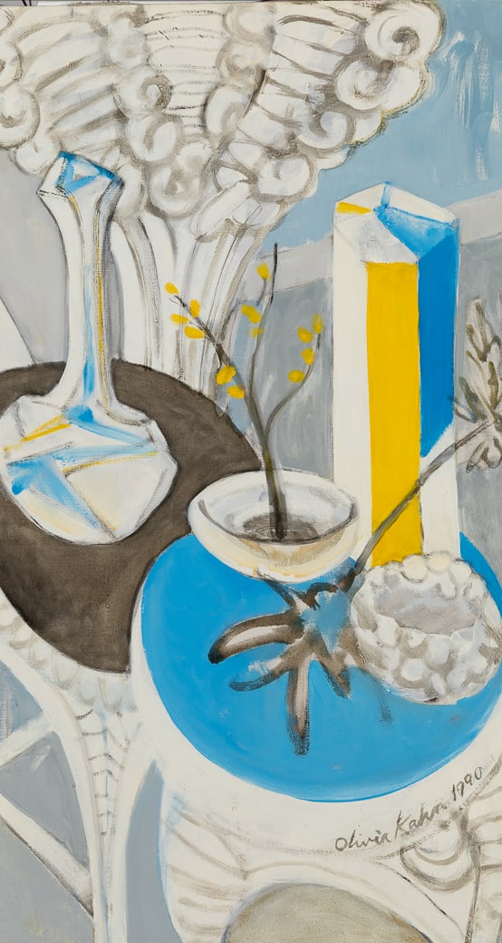 Olivia Kahn (Am. 1920-2015), Still Life, 1990, Acrylic on canvas, framed: Olivia Kahn (Am. 1920-2015) Still Life, 1990 Acrylic on canvas, framed Signed and dated l.r. 28" x 16" actual, 33 7/8" x 21 11/16" framed Provenance: Privat