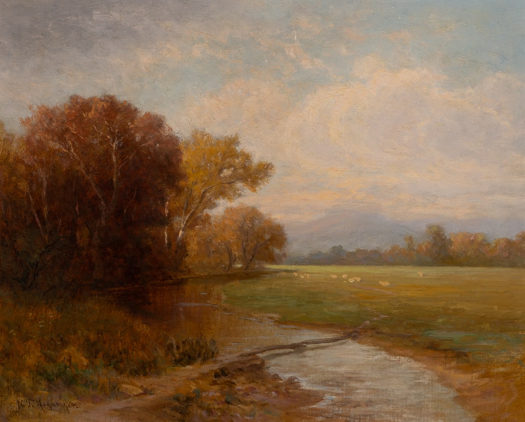 Nikolay Tysland Leganger (Am. 1832-1905), "Afternoon at Tamworth" 1903, Oil on canvas, framed: Nikolay Tysland Leganger (Am. 1832-1905) "Afternoon at Tamworth" 1903 Oil on canvas, framed Signed l.l., signed, titled, and dated on verso 17" x 21" actual, 27 1/2" x 37 3/8" framed
