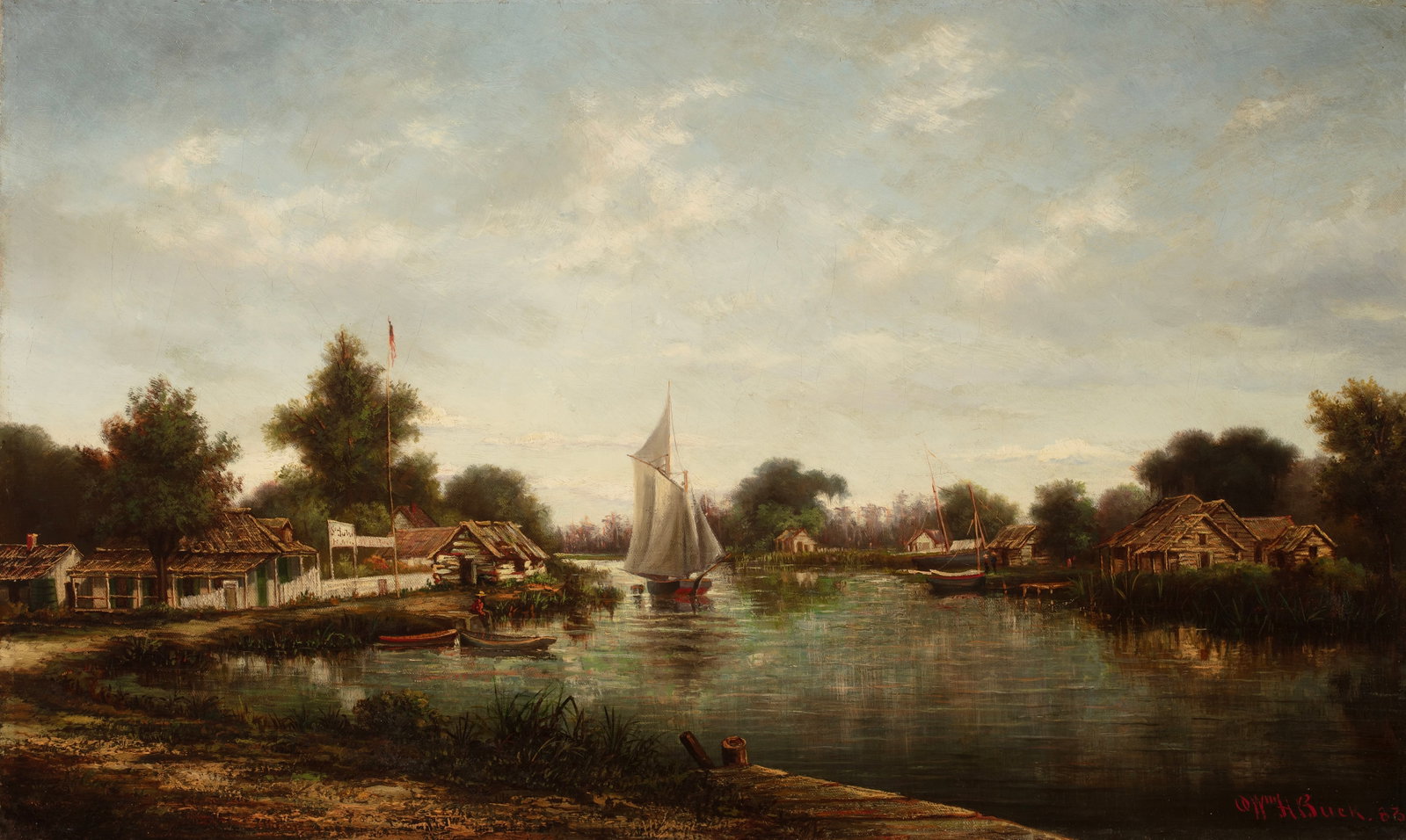 William H. Buck (Am. 1840-1888), Bayou St. John, 1883, Oil on canvas, framed: William H. Buck (Am. 1840-1888) Bayou St. John, 1883 Oil on canvas, framed Signed and dated l.r. 18" x 30" actual, 26 1/4" x 38" framed Provenance: Property