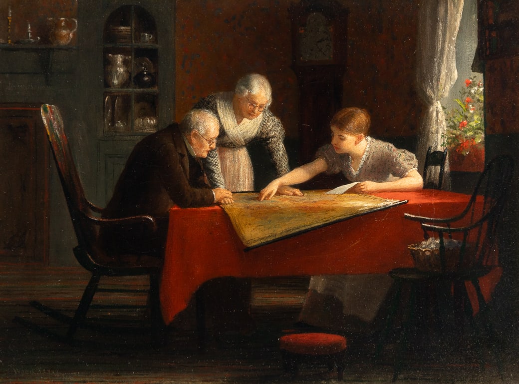 Enoch Wood Perry (Am. 1831-1915), News from the Front, Oil on canvas, framed under glass