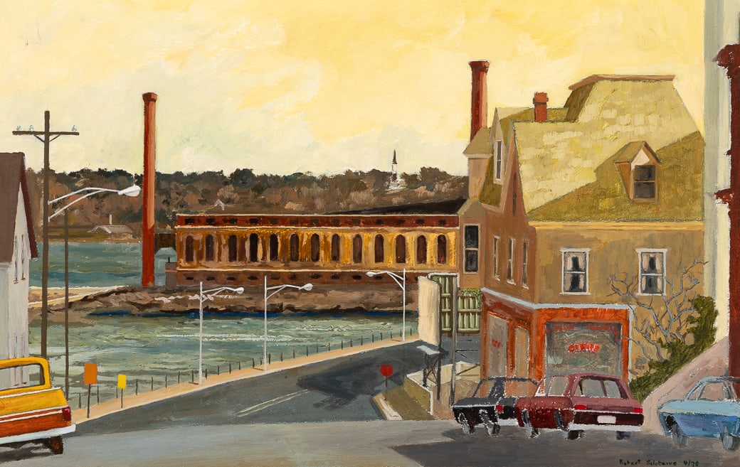 Robert Solotaire (Am. 1930-2008), Casco Bay Bridge, 1978, Oil on board, framed: Robert Solotaire (Am. 1930-2008) Casco Bay Bridge, 1978 Oil on board, framed Signed and dated l.r., inscribed "This goes to Celeste, after our departure, Mom + Dad, 1993" on verso 11 1/4" x 1