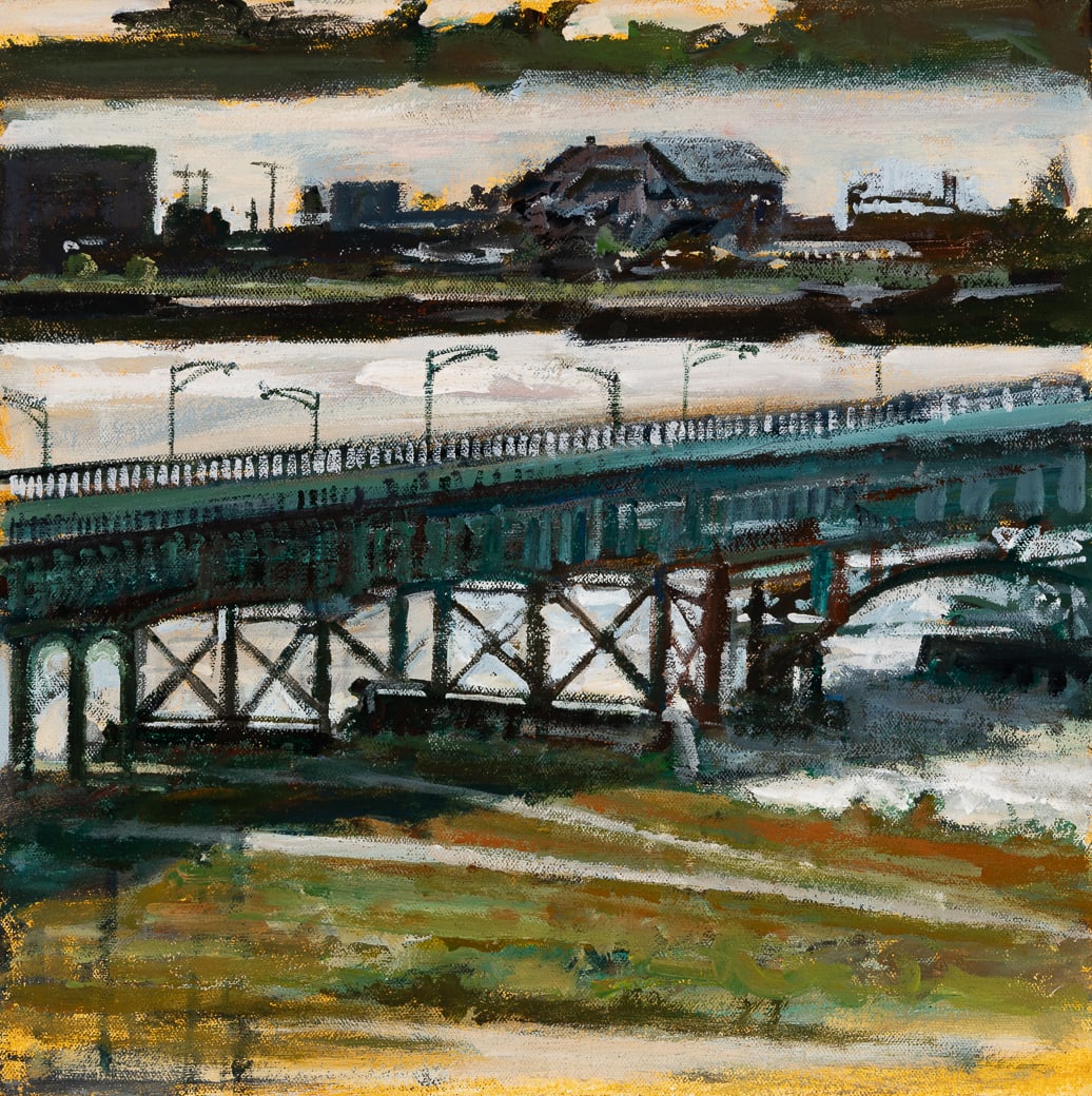 Robert Solotaire (Am. 1930-2008), View from Clark Street, Acrylic on canvas, framed: Robert Solotaire (Am. 1930-2008) View from Clark Street Acrylic on canvas, framed Unsigned, Barridoff Galleries labels on backing 14" x 14" actual, 15 1/4" x 15" framed Prov