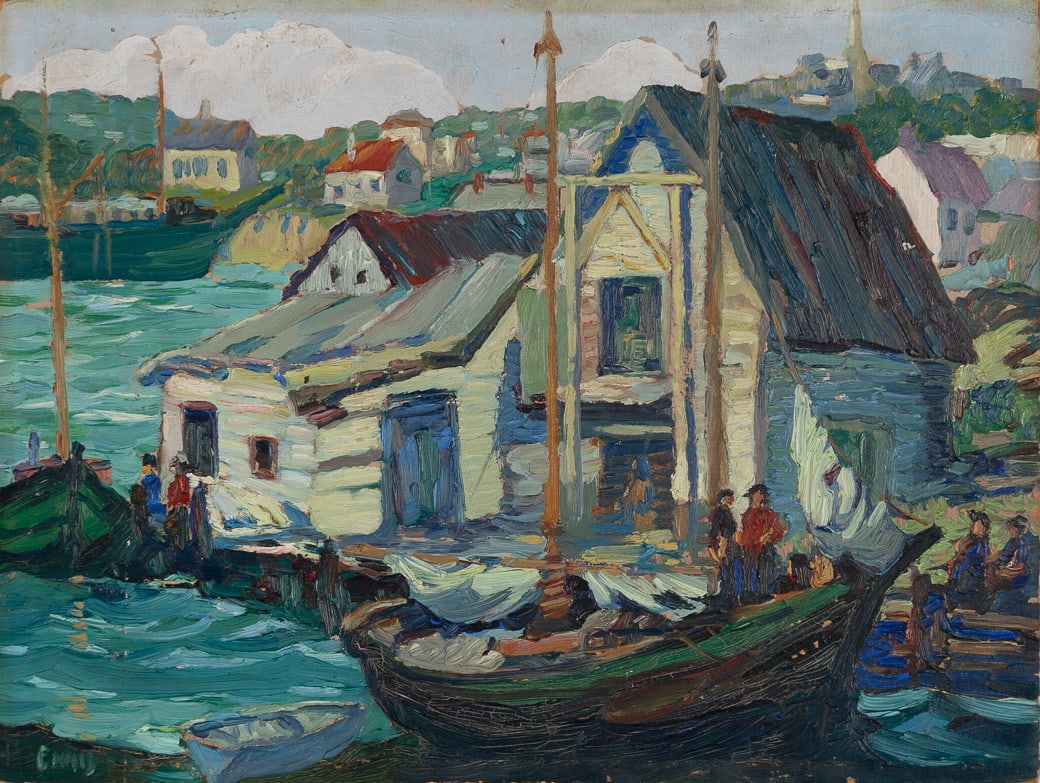 George Pearse Ennis (Am. 1884-1936), Eastport, Maine, Oil on board, unframed: George Pearse Ennis (Am. 1884-1936) Eastport, Maine Oil on board, unframed Signed l.l., signed and inscribed "To Barbara, from Mother" on verso 12 1/8" x 16 1/8" actual Prov