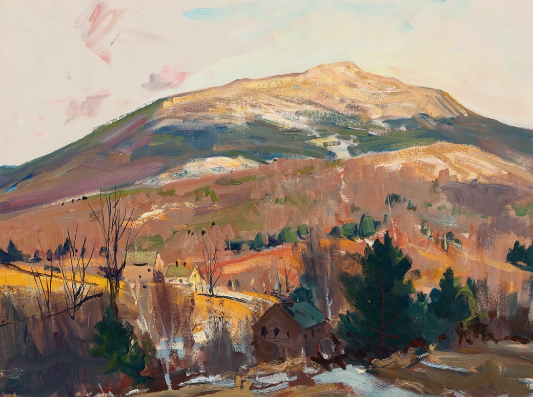 Charles Curtis Allen (Am. 1886-1950), "Monadnock Sunrise", Oil on canvas laid to board, framed: Charles Curtis Allen (Am. 1886-1950) "Monadnock Sunrise" Oil on canvas laid to board, framed Unsigned, titled and artist's label on verso 18" x 24" actual, 21 3/4" x 27 7/8" framed <