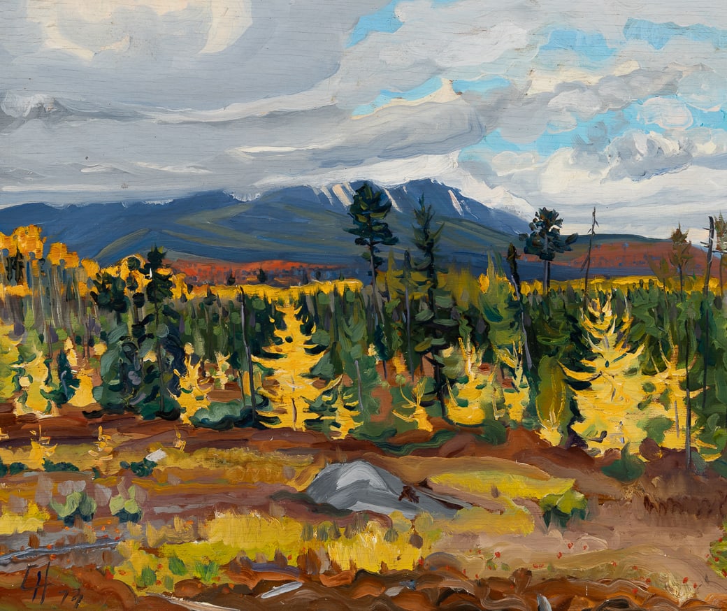Christopher Huntington (Am. b. 1938), Autumn, Mount Katahdin, 1973, Oil on panel, framed: Christopher Huntington (Am. b. 1938) Autumn, Mount Katahdin, 1973 Oil on panel, framed Initialed and dated l.l. 17 3/4" x 21 7/8" actual, 19" x 23" framed Provenance:
