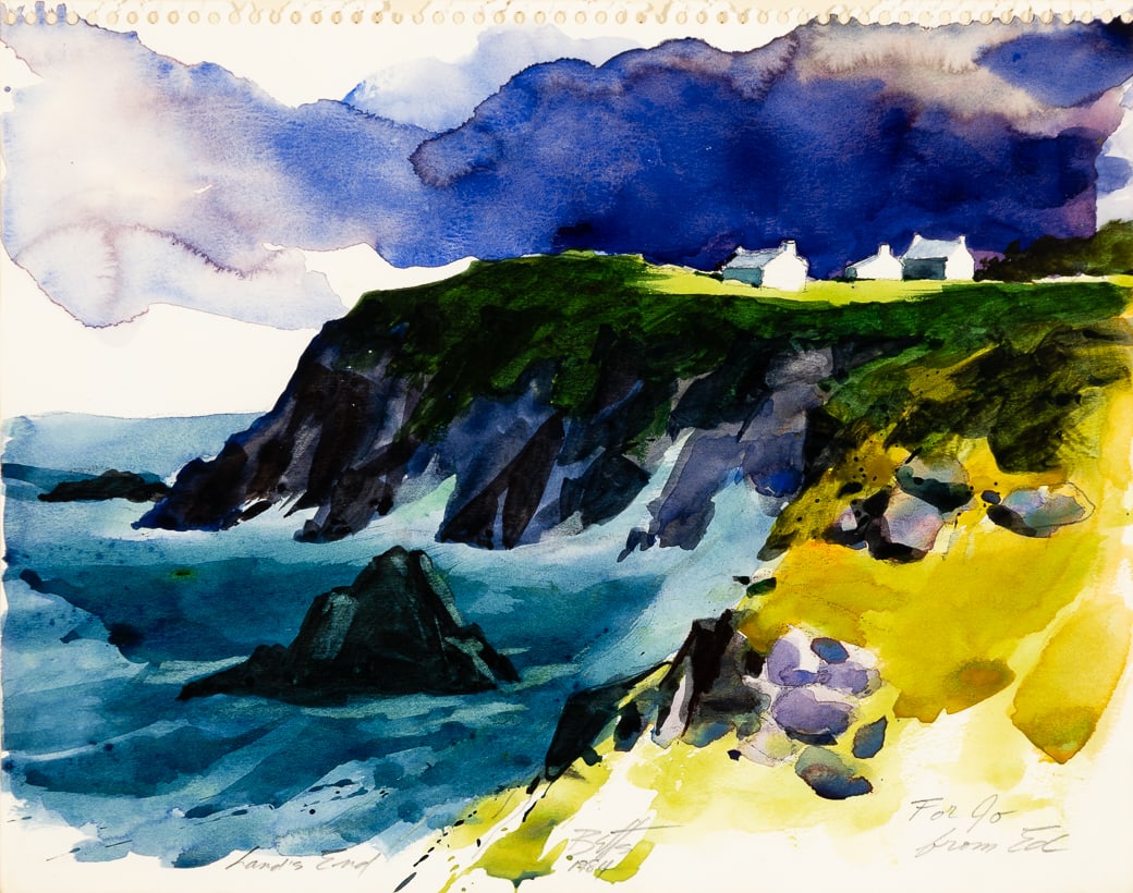 Edward Betts (Am. 1920-2008), "Land's End" 1984, Watercolor on paper, framed under glass: Edward Betts (Am. 1920-2008) "Land's End" 1984 Watercolor on paper, framed under glass Signed and dated l.c., titled l.l., inscribed "For Jo from Ed" l.r. 11" x 14" actual, 19 3/4" x 22 1/4"