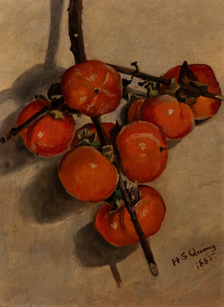 Henrietta Quincy (Am. 1842-1908), Persimmons, 1885, Oil on canvas laid to board, framed (1 of 6)