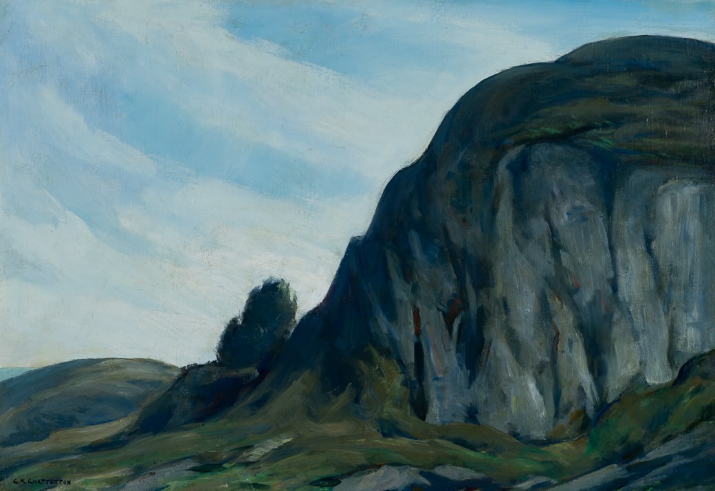 Clarence K. Chatterton (Am. 1880-1973), "Grey Rock", Oil on canvas, framed: Clarence K. Chatterton (Am. 1880-1973) "Grey Rock" Oil on canvas, framed Signed l.l., signed and titled on canvas strip attached to stretcher verso 22 1/4" x 32" actual, 30" x 40 1/8" framed