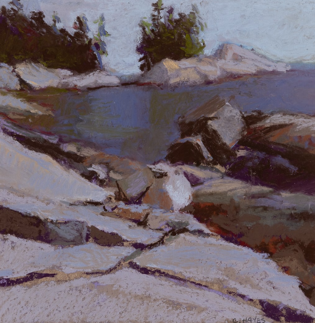Connie Hayes (Am. 20th/21st Century), "Walk to the Rocks, Vinalhaven" 2008, Pastel on paper, framed: Connie Hayes (Am. 20th/21st Century) "Walk to the Rocks, Vinalhaven" 2008 Pastel on paper, framed under glass Signed l.r., titled and dated on exhibition label on verso 7 5/8" x 7 5/8" sight
