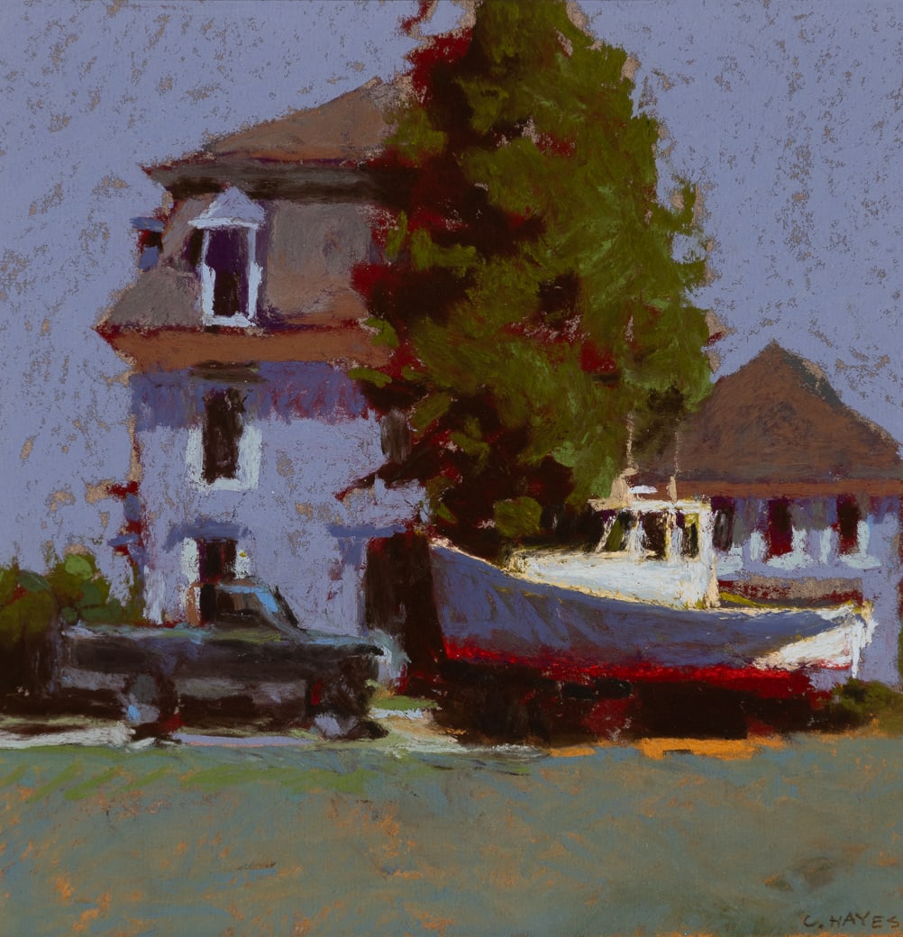 Connie Hayes (Am. 20th/21st Century), "Fixed up, Vinalhaven" 2008, Pastel on paper, framed under: Connie Hayes (Am. 20th/21st Century) "Fixed up, Vinalhaven" 2008 Pastel on paper, framed under glass Signed l.r., titled and dated on exhibition label on verso 7 5/8" x 7 5/8" sight, 14 5/8"