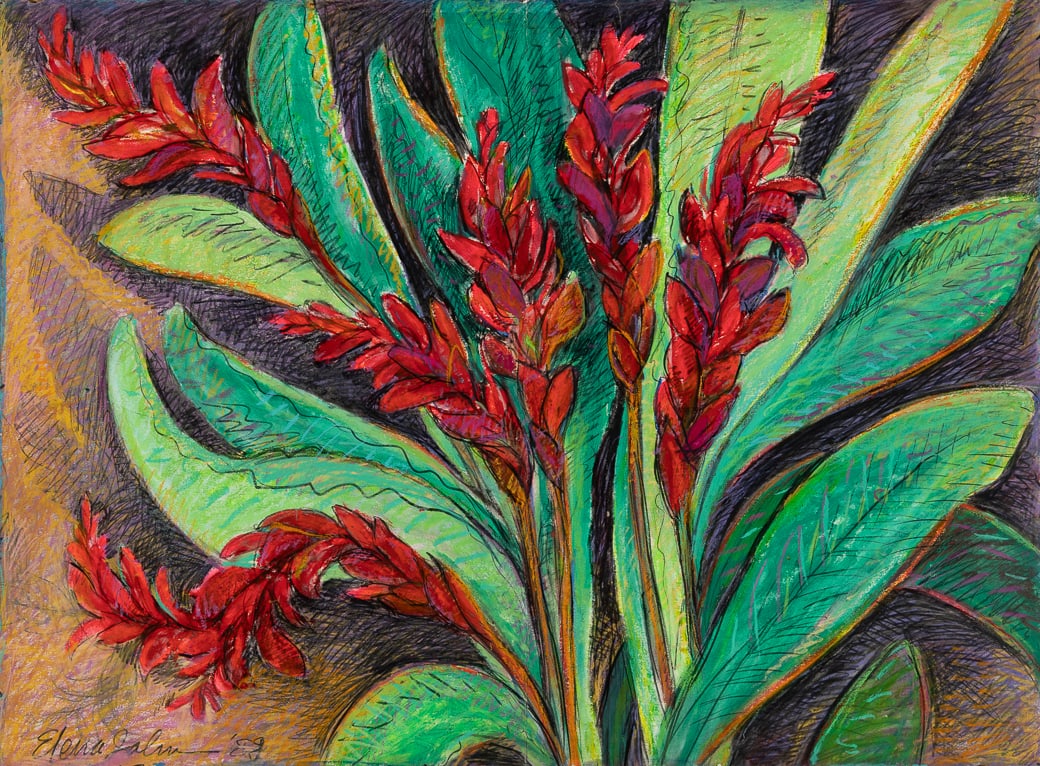 Elena Jahn (Am. 1938-2014), "Ginger Plant" 1990, Puerto Rico , Oil pastel on paper, unframed: Elena Jahn (Am. 1938-2014) "Ginger Plant" 1990, Puerto Rico Oil pastel on paper, unframed Signed and dated "88" l.l., signed, titled, and dated "90" on verso 22 1/8" x 30" actual