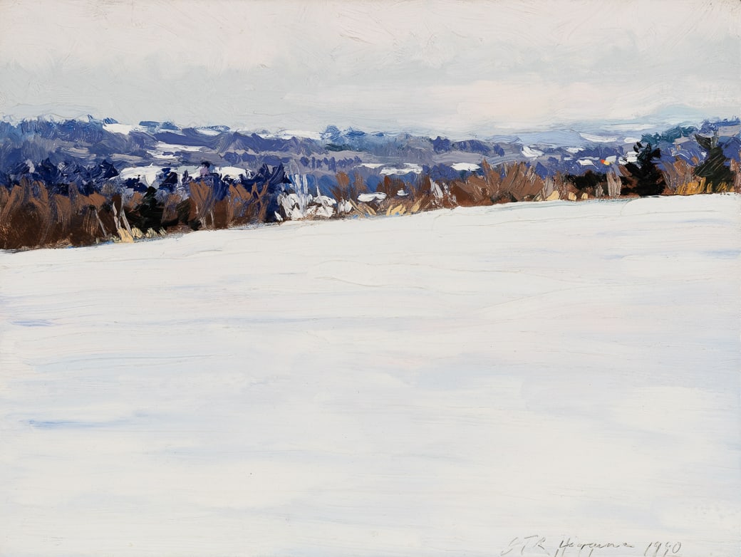 J. Thomas R. Higgins (Am. b. 1943), "Winter Field" 1990, Oil on board, framed (1 of 6)