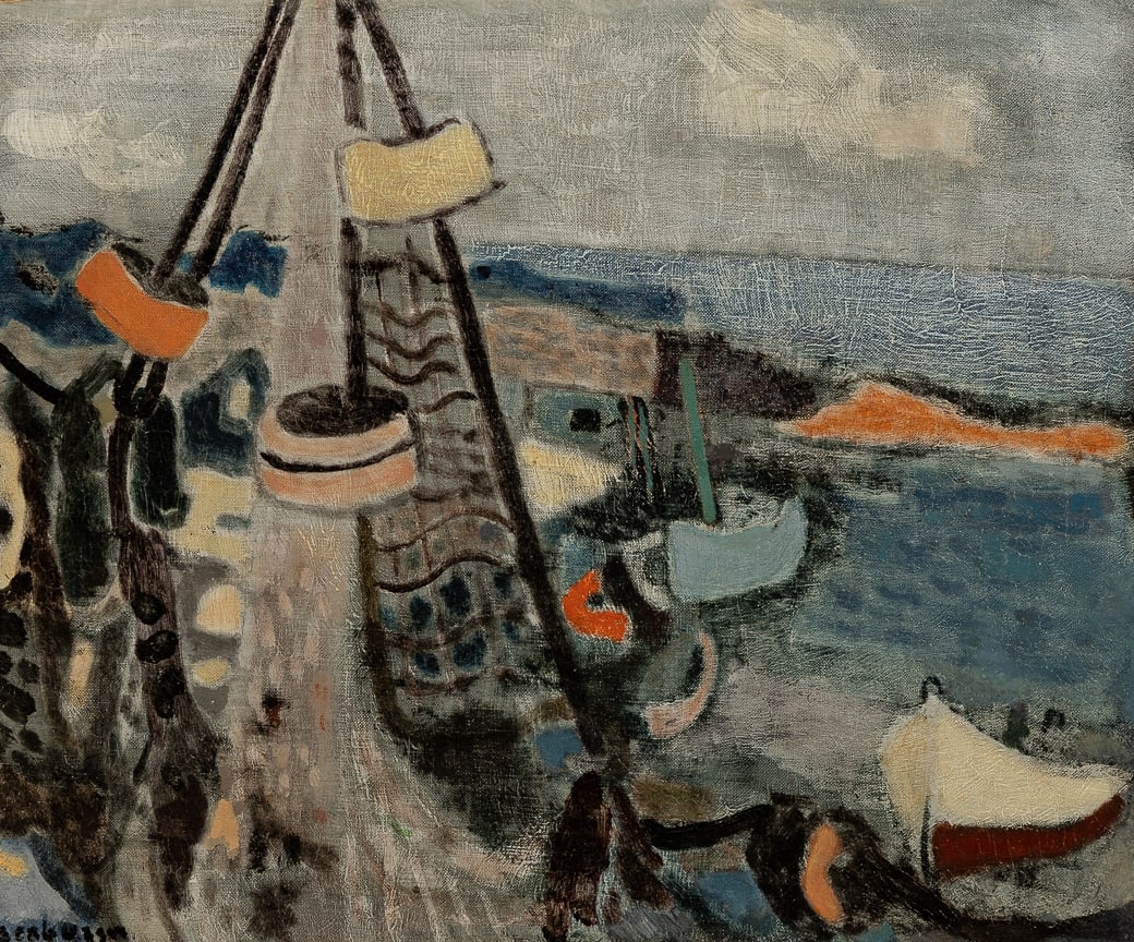 Eric Isenburger (Ger. 1902-1994), "The Cove Through the Nets" 1947, Oil on canvas, framed: Eric Isenburger (Ger. 1902-1994) "The Cove Through the Nets" 1947 Oil on canvas, framed Signed l.l., signed, titled, and dated on stretcher verso 17 3/4" x 21 5/8" sight, 27 1/8" x 31 3/8"