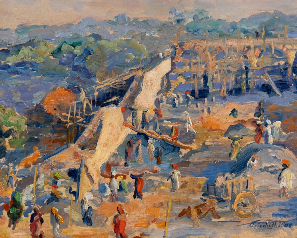 Frieda Hauswirth Das (Swiss 1886-1974), Malabar Tank Construction, Bombay, 1911, Oil on board, (1 of 7)