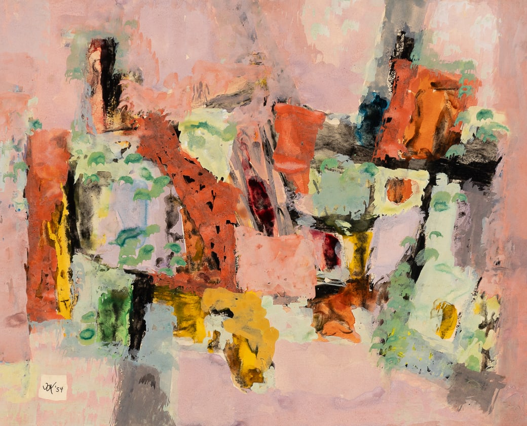 Ulfert Wilke (Am. 1907-1987), Pink, Green, Browns, 1954, Gouache on paper, framed under glass: Ulfert Wilke (Am. 1907-1987) Pink, Green, Browns, 1954 Gouache on paper, framed under glass Initialed and dated l.l., Kraushaar Gallery and Wadsworth Atheneum labels on backing 11 1/2" x 14 1