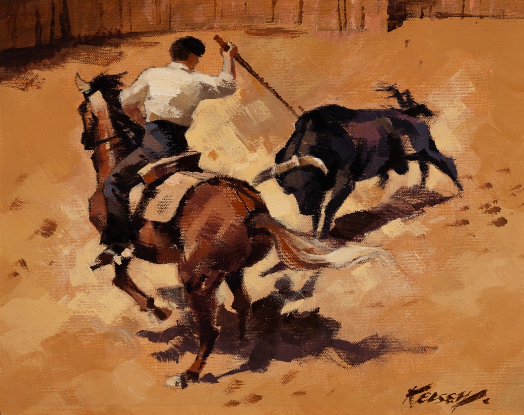 Richmond Irwin Kelsey (Am. 1905-1987), The Bull Ring, Oil on canvas laid to board, framed: Richmond Irwin Kelsey (Am. 1905-1987) The Bull Ring Oil on canvas laid to board, framed Signed l.r., titled and stamped by the Artist on verso 10" x 12 7/8" actual, 16" x 19" framed