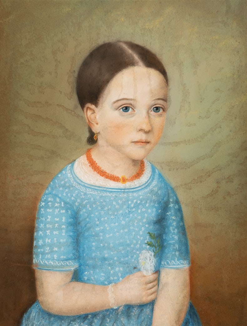 19th Century European School , Girl in Blue Dress, Pastel on paper, framed under glass: 19th Century European School Girl in Blue Dress Pastel on paper, framed under glass Unsigned 18 1/4" x 14 5/8" sight, 22 3/4" x 19 1/8" framed Provenance: P