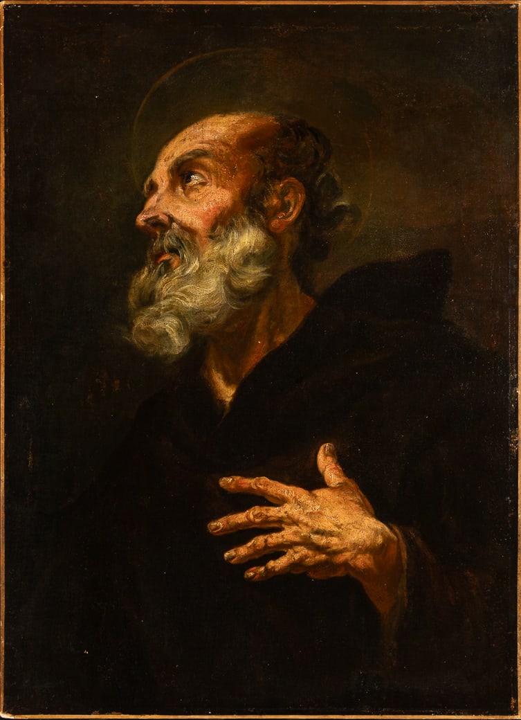 17th Century Italian School , Penitent Monk (possibly Saint Francis of Assisi), Oil on canvas,: 17th Century Italian School Penitent Monk (possibly Saint Francis of Assisi) Oil on canvas, unframed Unsigned 39 3/8" x 28 5/8" actual Provenance: Private c