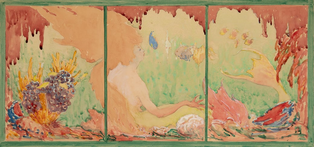 Harry Leslie Hoffman (Am. 1871-1964), Undersea Triptych, Watercolor on board, framed: Harry Leslie Hoffman (Am. 1871-1964) Undersea Triptych Watercolor on board, framed Signed l.r., estate stamp on verso 14" x 22 1/2" actual, 15 1/4" x 23 3/4" framed Provenan