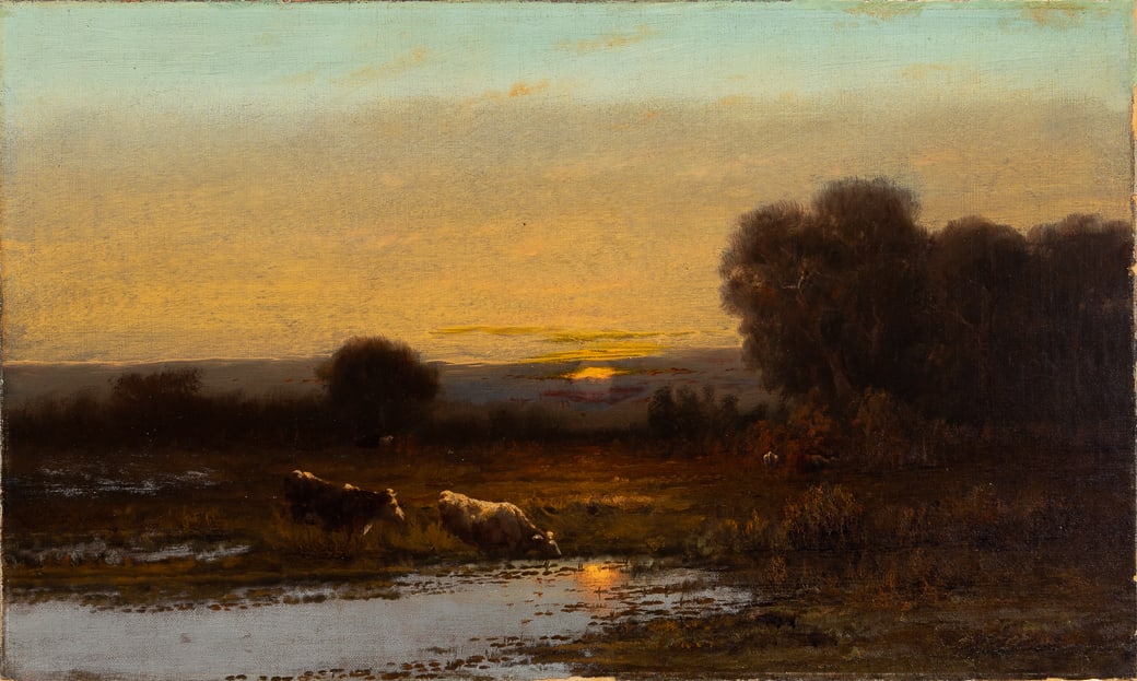 19th/20th Century American School , Cows at Sunset, Oil on canvas, unframed: 19th/20th Century American School Cows at Sunset Oil on canvas, unframed Unsigned 18 1/4" x 30 1/8" actual Provenance: Private collection Jackson, New Hamp