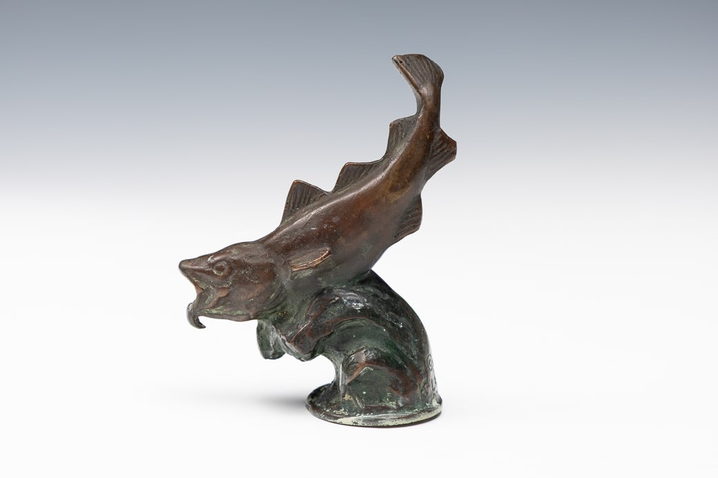 Katharine Ward Lane Weems (Am. 1899-1989), Trout Cresting a Wave, 1928, Bronze: Katharine Ward Lane Weems (Am. 1899-1989) Trout Cresting a Wave, 1928 Bronze Signature and date incised along base Approx. 3 1/4" x 1 1/2" x 4" actual Provenance: <