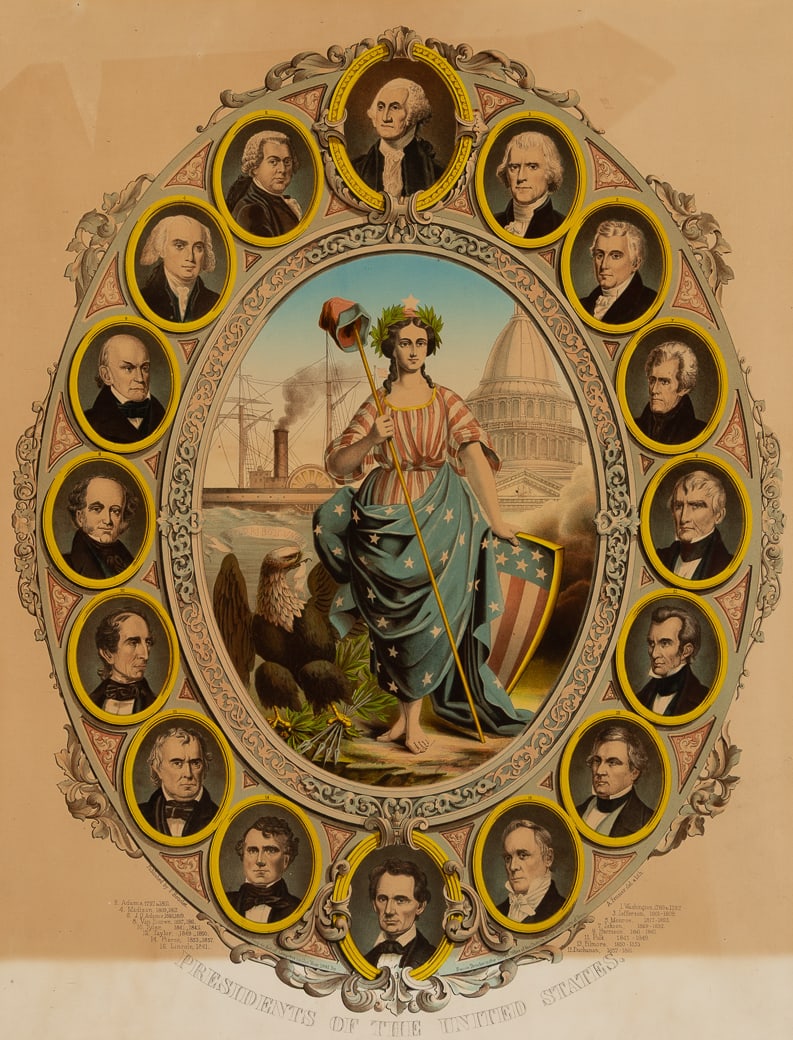 Augustus Feusier , "Presidents of the United States" c. 1861, Lithograph, framed under glass: Augustus Feusier "Presidents of the United States" c. 1861 Lithograph, framed under glass Unsigned, maker's stamp in plate l.r. 25 1/4" x 19 1/2" sight, 31" x 25 1/2" framed