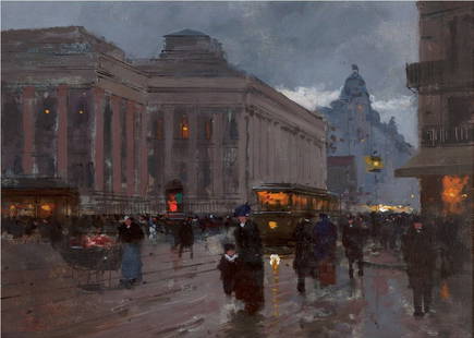 Place de la Bourse: Edouard Leon Cortes Fr. 1882–1969 Place de la Bourse Signed "Edouard Cortes" l.r. Oil on panel 10 x 13 1/2 in. (25.4 x 34.3 cm) Hammer Galleries (period stamp verso) Wiesenfeld Estate, Colonia, New