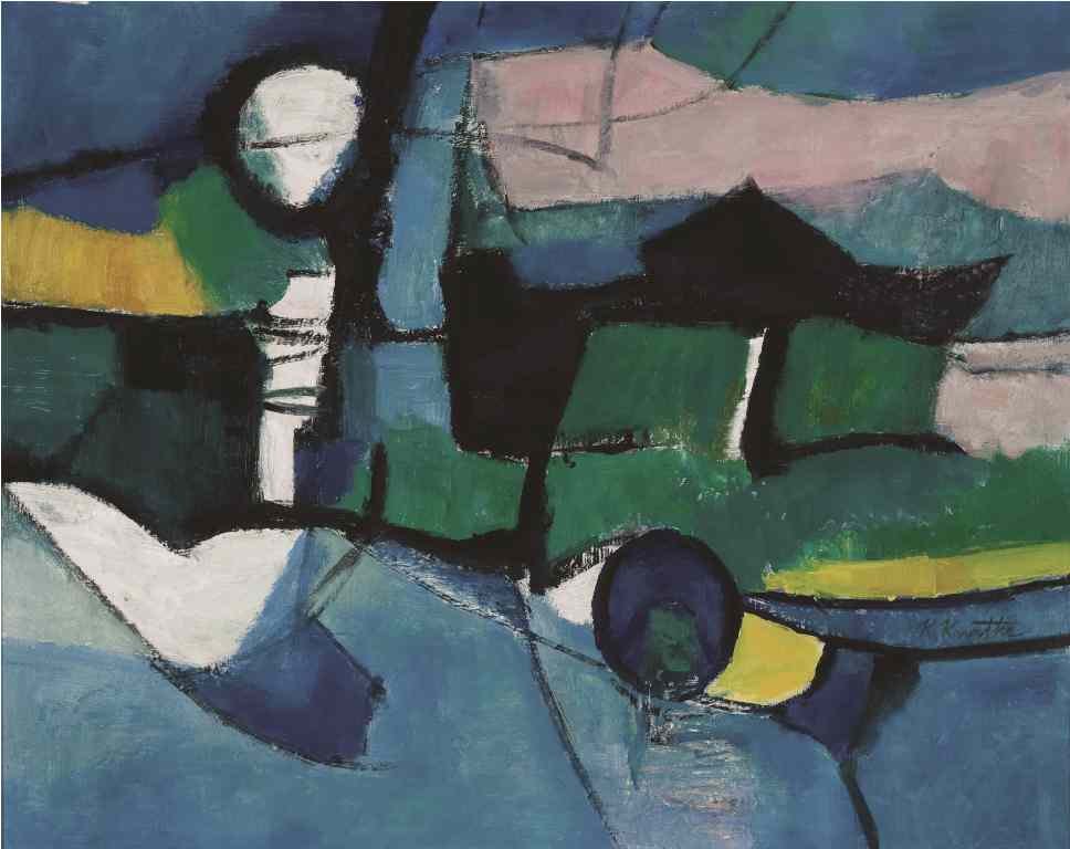 Abstract: Karl Knaths Am. 1891–1971 Abstract Signed "K. Knaths" l.r. Oil on board 16 x 20 in. (40.6 x 50.8 cm) Property of Jeff Crook, Colonial Beach, Virginia Collection of John Raimondi, a prominent public