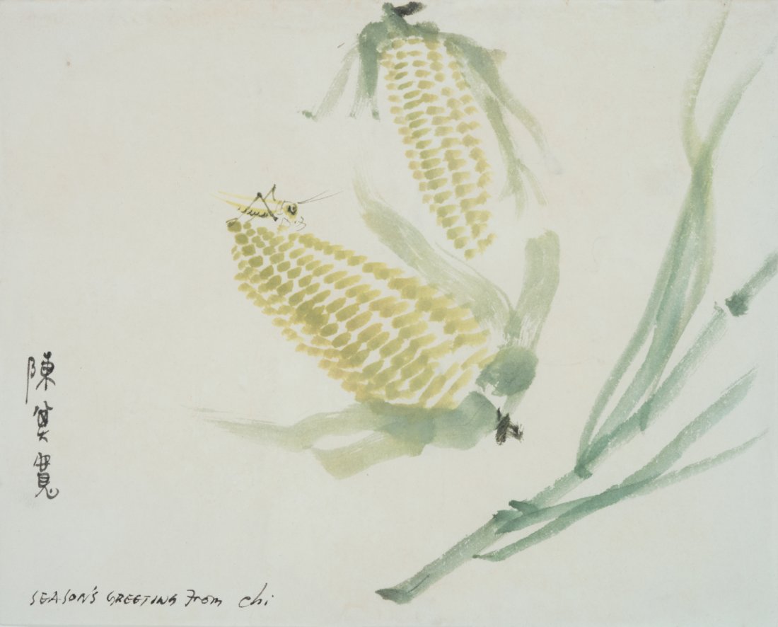 Chi Kwan-chen Corn and Grasshopper: Chi Kwan-chen Chinese 1921–2007 Corn and Grasshopper Signed in Chinese characters l.l.; inscribed "Seasons Greeting from Chi" l.l. Watercolor 9 1/2 x 11 1/2 in. 24.1 x 29.2 cm 9 1/2 x 11 1/2 in. 24.