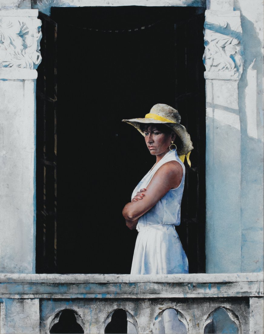 Stephen Scott Young Am. b. 1957: Senorita (Palm Beach) Signed "S.S. Young" l.l. Watercolor and drybrush 26 3/4 x 21 1/4 in. 67.9 x 54.0 cm Property of a collector, Florida Dated 1992 on a Surovek Gallery, Palm Beach label, verso John