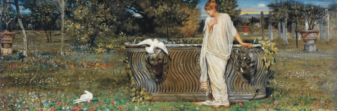 Eugene Benson Am. 1839–1908: A Vestal of the Spring Monogrammed and tinscribed "EB Roma Venetta [sic] '85 '87" l.r. and inscribed "Painted for W. H. Jackson: l.l. Oil on canvas 11 3/4 x 34 1/2 in. 29.8 x 87.6 cm