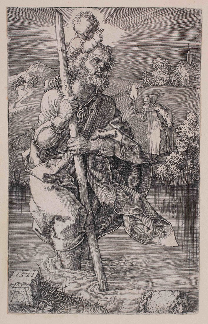 Albrecht Durer: Albrecht Durer German 1471–1528 St. Christopher Facing to the Right Signed with the artist's initials and dated 1521, both in the plate, Engraving 4 5/8 x 2 7/8 in. 11.7 x 7.3 cm Property of Jen And