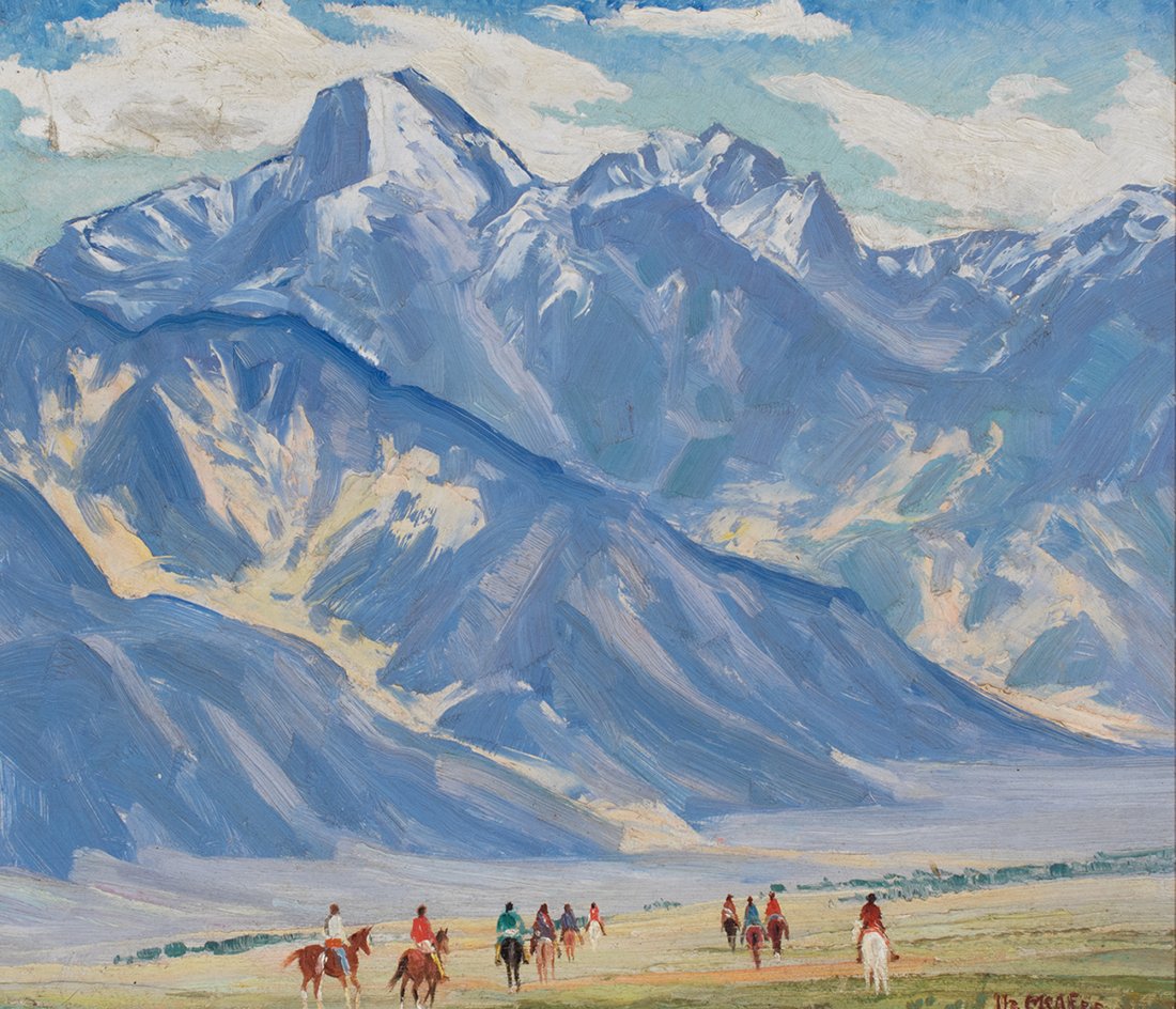 Ila McAfee: Ila McAfee Am. 1897–1955 Crestone Peaks Signed "Ila McAfee" lr.; titled as above on an old label verso verso Oil on Masonite 12 x 14 in. 30.5 x 35.6 cm Property from a private Maine collection Prove