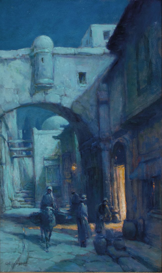 Arthur Diehl: Arthur Diehl Am. 1870–1929 Tunisian Street, Evening Signed "Arthur Diehl" l.l. Oil on board 29 x 17 in. 73.7 x 43.2 cm Property of Charles V. Murray, Winston-Salem, North Carolina Good condition, go