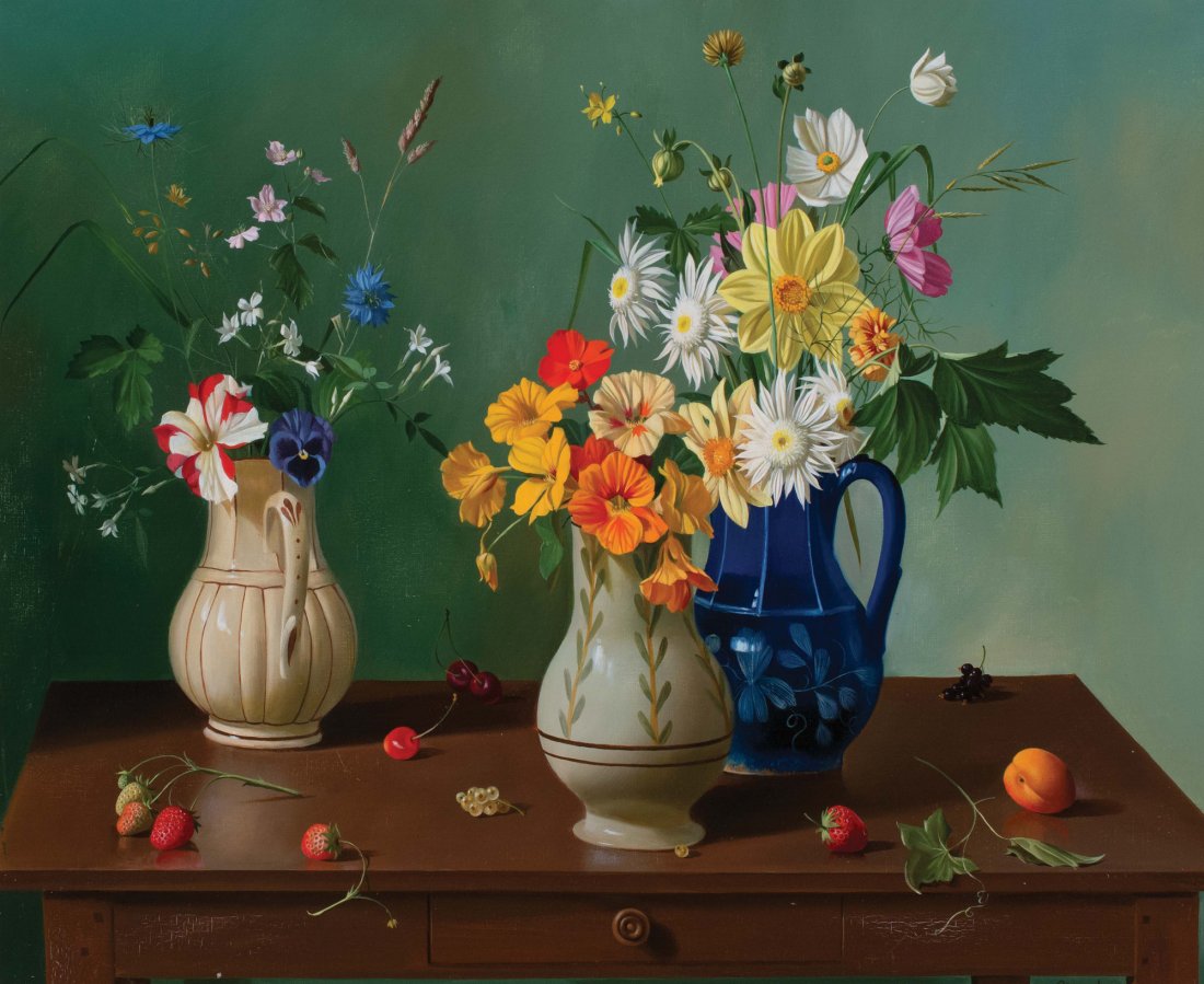 Fernand Renard: Fernand Renard Fr. b. 1912 Still Life with Flowers in Vases Signed "Renard" l.r. Oil on canvas 23 1/2 x 28 1/2 in. 59.7 x 72.4 cm Provenance: Hammer Galleries, New York (stamp verso)