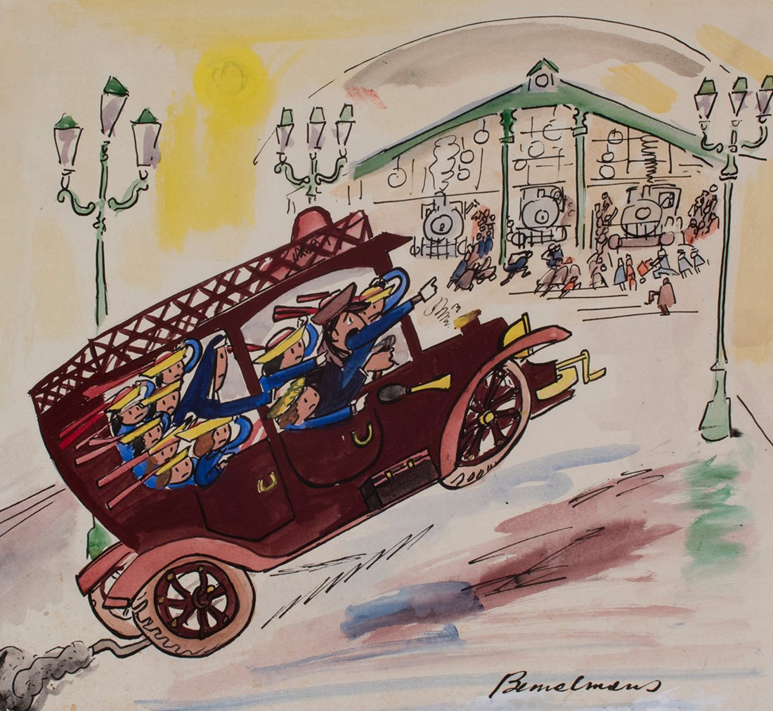 Ludwig Bemelmans: Ludwig Bemelmans Aus. 1898–1962 Racing to the Station Signed "Bemelmans" l.r. ink and gouache 17 1/2 x 19 in. 44.5 x 48.3 cm Good condition, good appearance, not examined out of frame