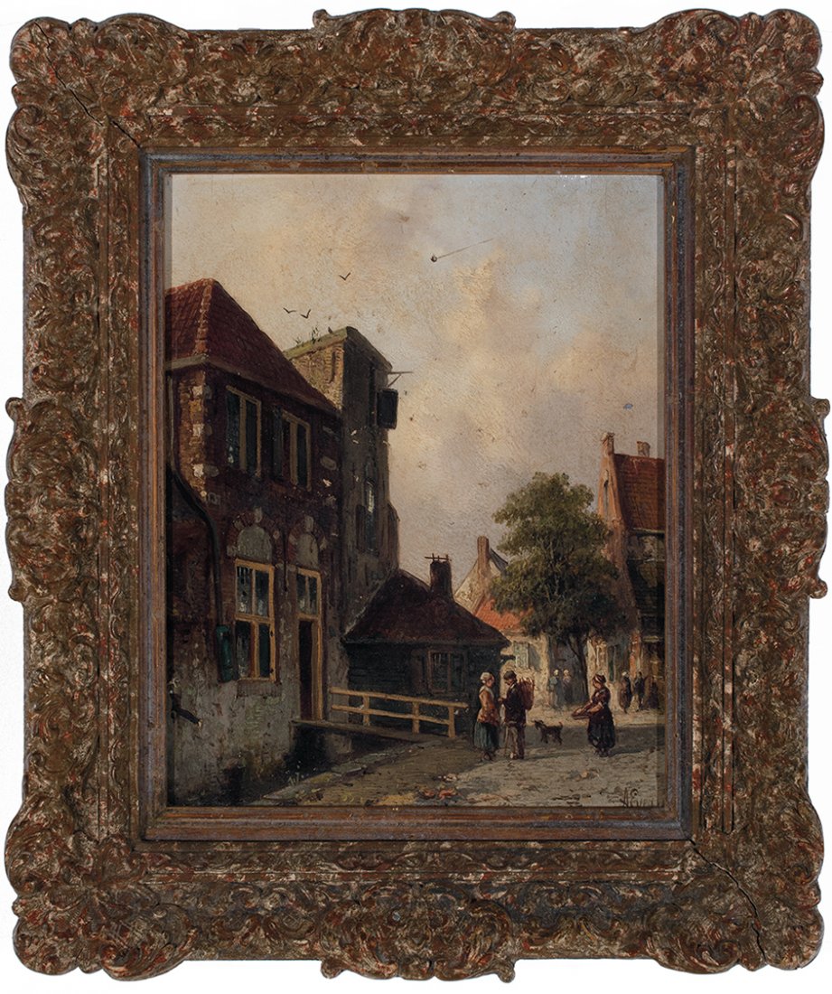 Adrianus Eversen: Adrianus Eversen, Neth. 1818–1897,A Day in the Village, Signed "A. Eversen" l.r., Oil on panel,9 1/4 x 7 1/4 in., 23.5 x 18.4 cm