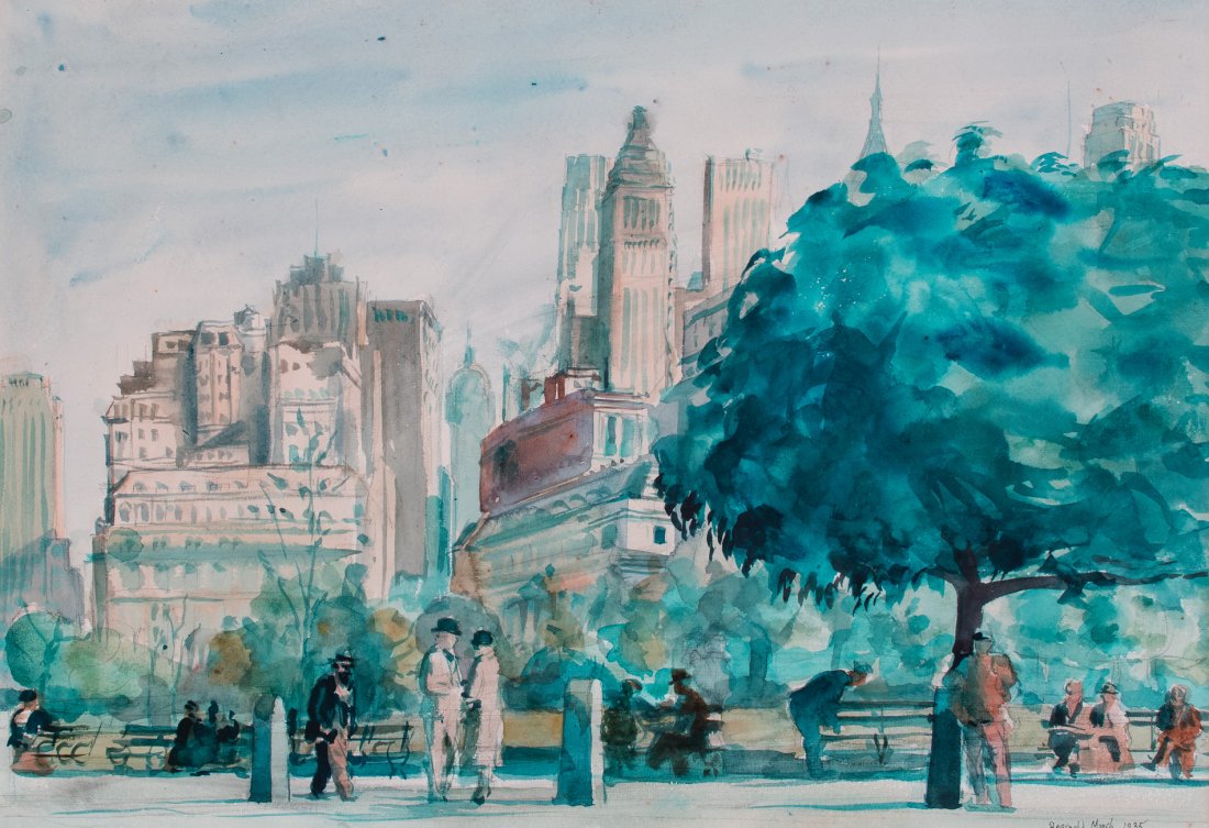 Reginald Marsh: Reginald Marsh Am. 1898–1954 New York Skyline from the Park Signed and dated "Reginald Marsh 1935" l.r. Watercolor 13 1/2 x 19 1/4 in. 34.3 x 48.9 cm Property of Cynthia Lavan, Topsham, Maine Proven