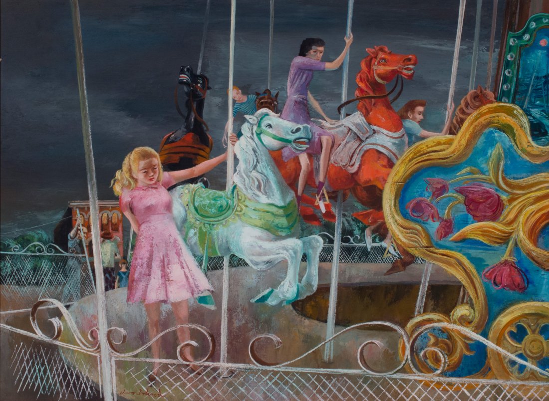 Aaron Bohrod: Aaron Bohrod Am. 1907–1992 End of the Ride Signed "Aaron Bohrod" l.l. Oil on board 17 x 23 in. 43.2 x 58.4 cm ExhibitedExhibited: Associated American Artists, Beverly Hills, CA, A. A. Bohrod, March