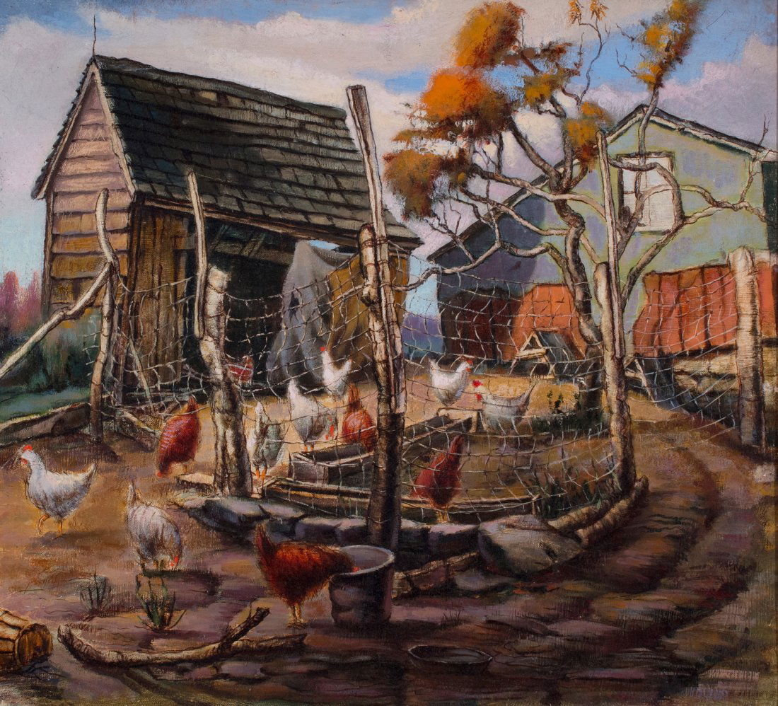 Aaron Bohrod: Aaron Bohrod Am./Latvian 1907–1992 American Farmyard Inscribed in part illegibly and signed "To...Best Wishes, Aaron Bohrod" verso Oil on canvasboard 20 x 22 in. 50.8 x 55.9 cm