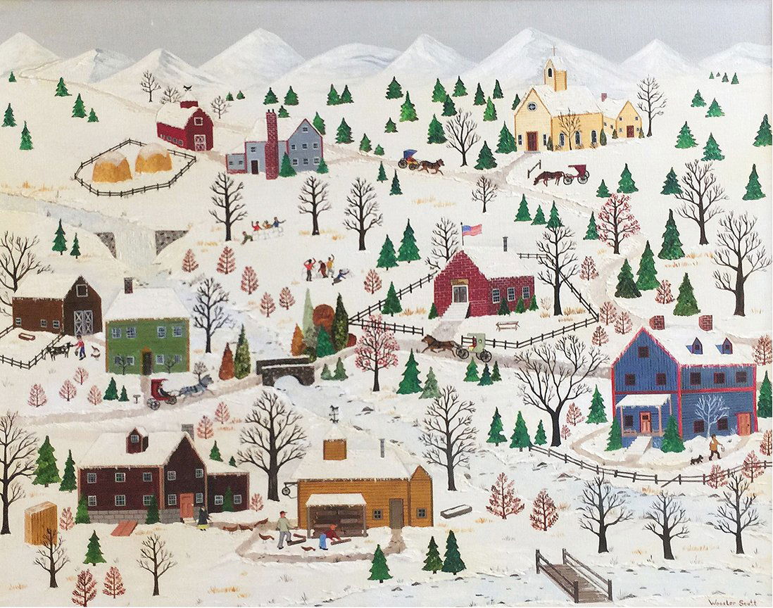 Jane Wooster Scott: Jane Wooster Scott, Am. b. 1920, Winter Village, Signed "Wooster Scott" l.r.; oil on canvas, 24 x 30in., 61,0 x76.2 cn