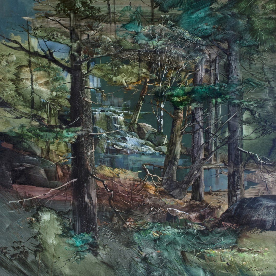 Laurence Sisson: Laurence Sisson Am. 1928–2015 Wooded Waterfall Signed "L. Sisson" l.r. Oil on board 34 x 34 in. 86.4 x 86.4 cm Property of a collector, Portand Good condition, good appearance, no apparent restorati