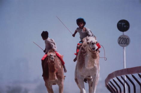 Henry Horenstein: Henry Horenstein Am. b. 1947 Camel Jockeys, Dubai, 1996 Signed and numbered verso Cibachrome edition 2/20 15 x 23 in. sight 38.1 x 58.4 cm sight Provenance: Yancy Richardson Gallery, New York (label v