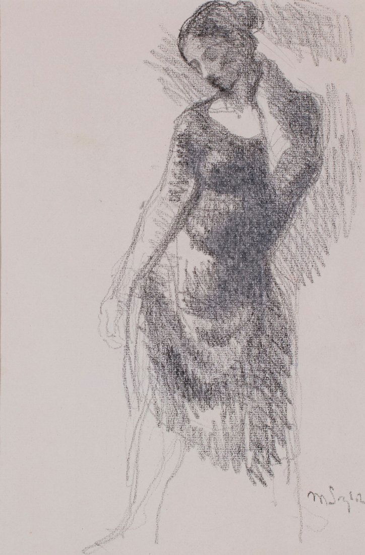 Moses Soyer - Woman Standing with Arm behind Neck: Moses Soyer Am. 1899–1974 Woman Standing with Arm behind Neck Signed "M. Soyer" l.r. Charcoal 14 x 9 1/2 in. 35.6 x 24.1 cm Artist Full Name:Moses Soyer Medium:Charcoal