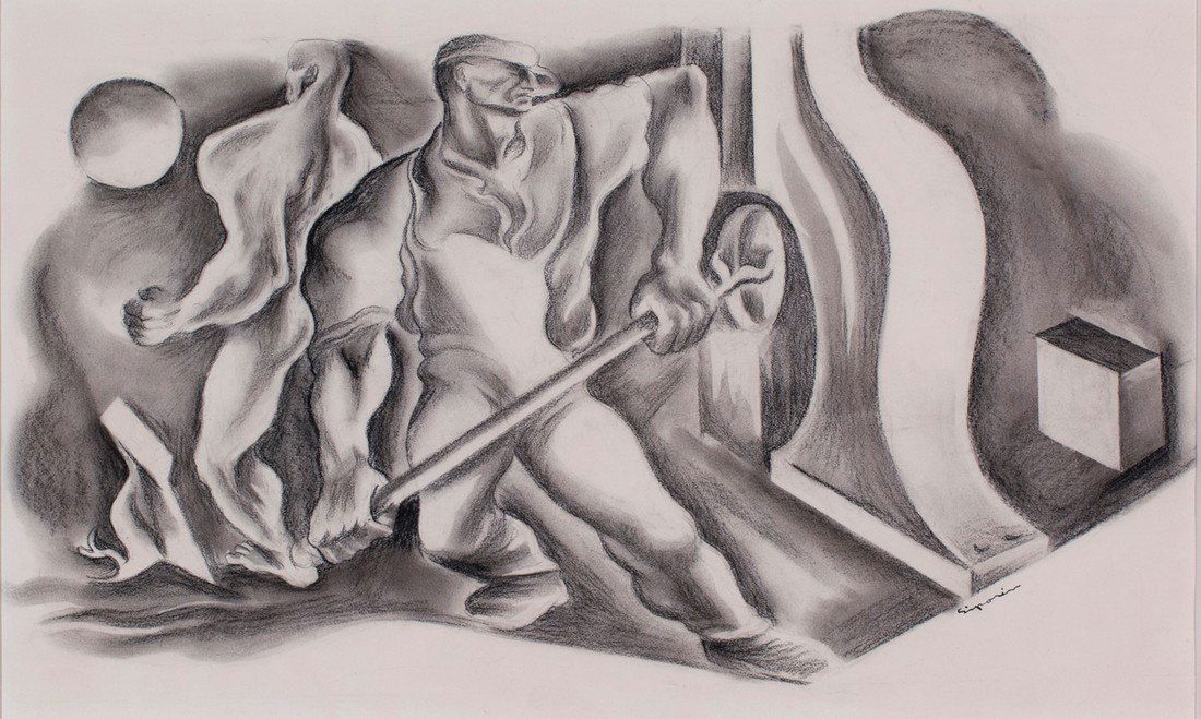 Mitchell Siporin - Workmen in Foundry, 19030's: Mitchell Siporin Am. Workmen in Foundry, 19030's Signed "Siporin" l.r. Charcoal 11 1/2 x 18 1/4 in. 29.2 x 46.4 cm Property of a Connecticut collector Provenance: Spanierman Gallery, New York To the c