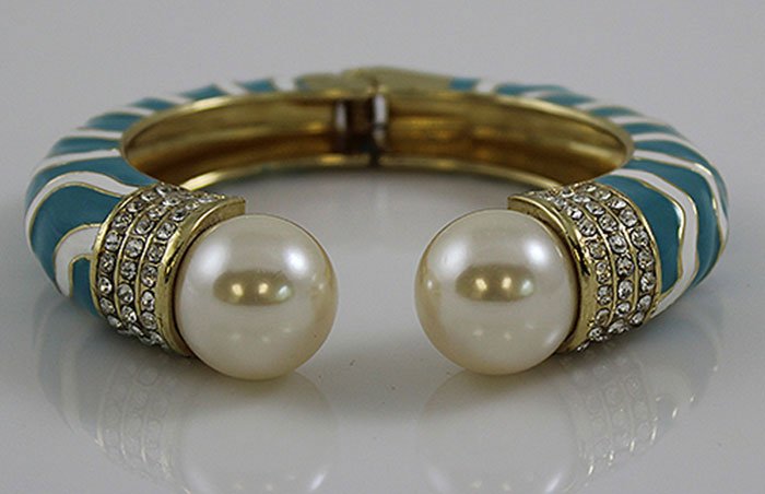 Azure Blue Faux Pearl Enamel Bracelet Cubic Zircon Gold: Azure Blue Faux Pearl Enamel Bracelet Cubic Zircon Gold Plated