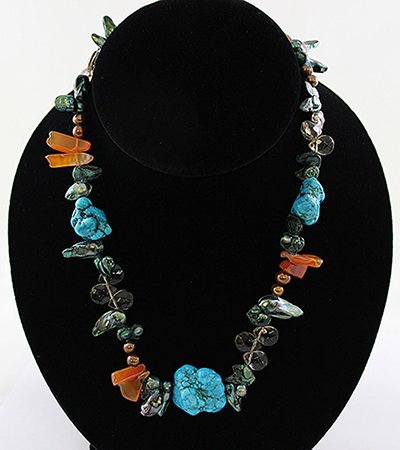 Turquoise Carnelian Olive Keshi Clear Faceted Glass: Turquoise Carnelian Olive Keshi Clear Faceted Glass Bead Necklace