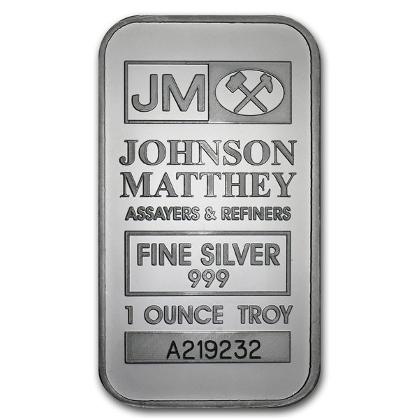 1 oz Johnson Matthey Silver Bar (New-JM LogoReverse): 1 oz Johnson Matthey Silver Bar (New-JM LogoReverse) .999 FineYear**N/AMintMark**Grade**Denomination**Diameter**Thickness**2.3mm**68308B
