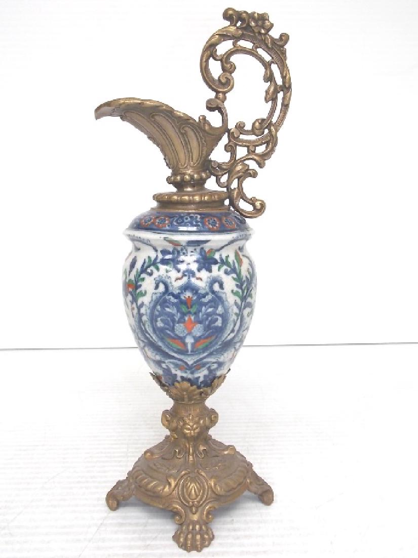HAND DECORATED PORCELAIN PITCHER EWER W/ BRONZE HANDLE (1 of 6)